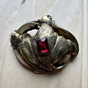 Antique Pin Brooch 1 7/8" Gold Brass Red Crystal Floral C Clasp‎ Art Nouveau